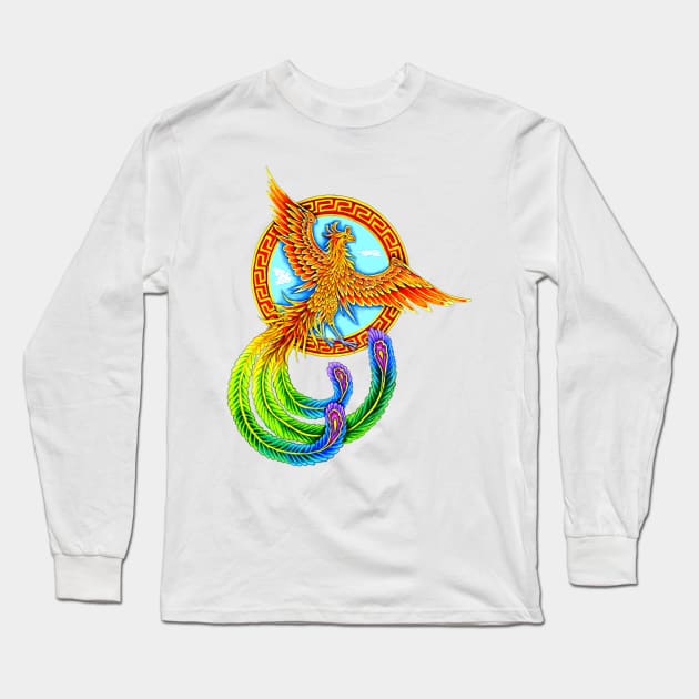 Vermilion Bird Rainbow Phoenix Long Sleeve T-Shirt by rebeccawangart